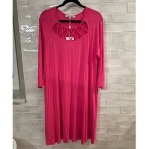 White Mark Hot Pink Lattice Neck Swing Dress 1XL Long Sleeve NWT